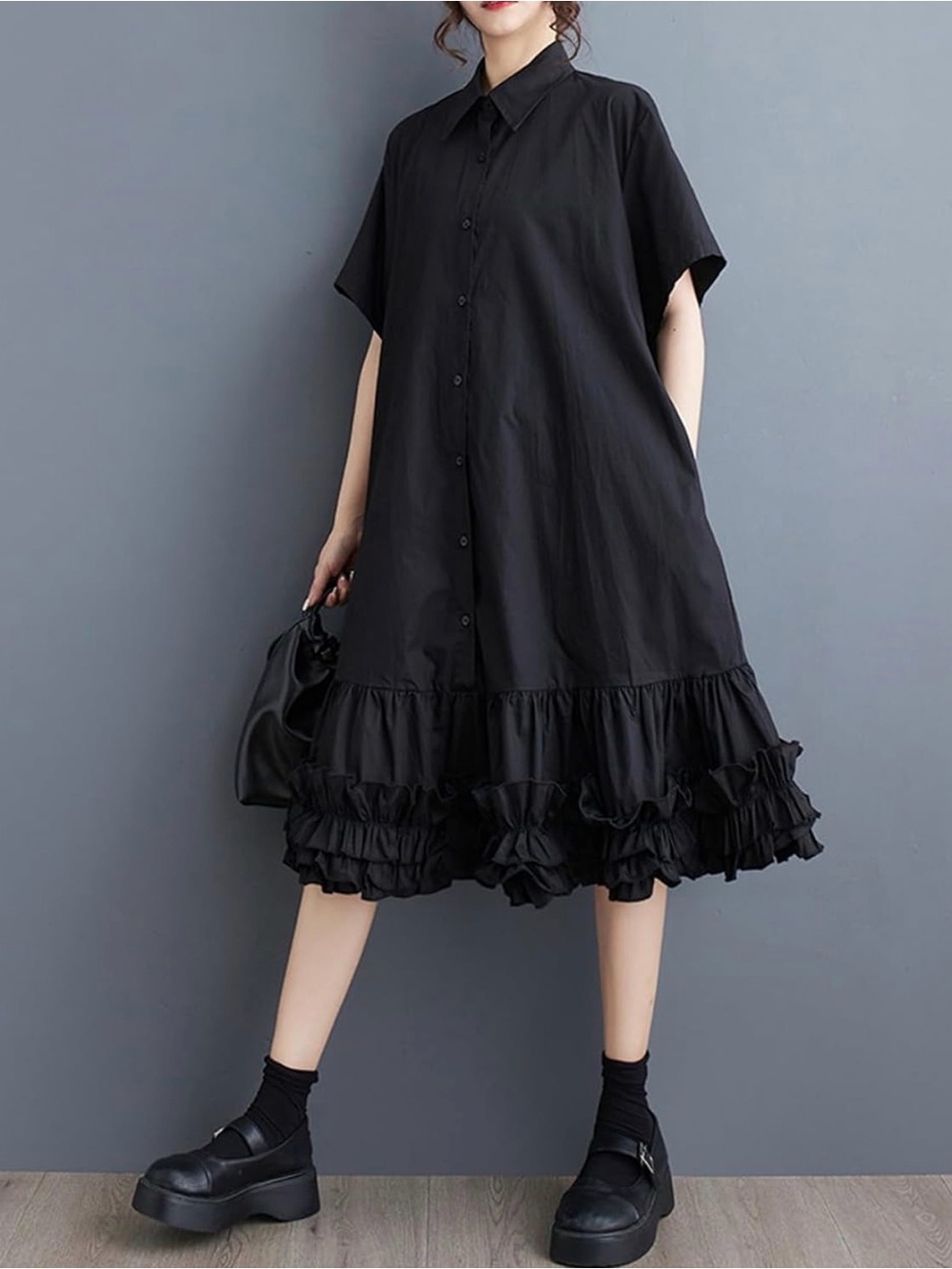 ELLAZHU NWT Black Oversized Ruffle Hem Button Down Shirt Dress One Size OS